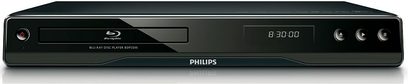 Philips BDP2500 sort Blu-ray-afspiller, set forfra, blå LED-display "8:30:00", blank frontpanel med knapper og skuffe