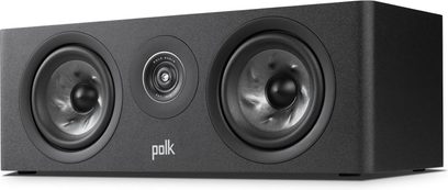 Polk Audio R300 centrale nera, vista frontale, 2 altoparlanti, 1 tweeter, logo bianco, senza griglia