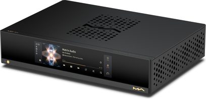 Amplificator hi-fi stereo integrat Matrix Audio MD-1P din aluminiu negru mat, vedere din trei sferturi față, cu panou frontal din sticlă ce include un ecran tactil color, buton rotund auriu în stânga, logo MA auriu în dreapta și perforații circulare mari pentru ventilație pe partea superioară și pe laterale