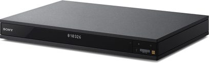 Sony UBP-X1000ES 4K Blu-ray-afspiller, sort, frontvisning, blå LED-display "010326", mat tekstureret front, knapper og diskskuffe