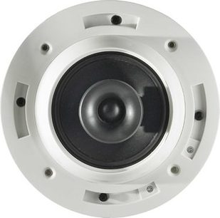 Enceinte encastrable Cabasse Eole 3 in ceiling blanche, vue de face rapprochée, haut-parleur noir central entouré d'un anneau blanc