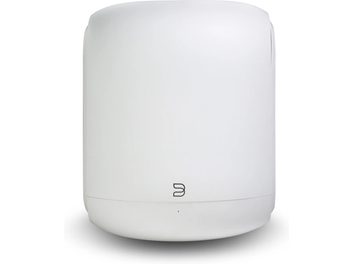 White Bluesound PULSE SUB SW200 subwoofer, front view with rounded-corner enclosure and central logo