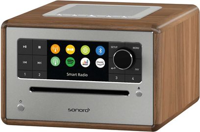 Radio Smart Radio Sonoro in noce e argento, vista frontale, schermo che mostra icone e testo "Smart Radio", pulsanti e rotella