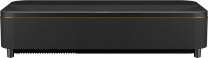 Epson EH-QS100B projektor, frontvy, rektangulärt svart hölje, tunn gyllene kant, texturerat frontgaller, korta fötter