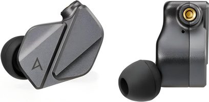 Căști intra-auriculare Astell&Kern ZERO 2 gri metalic, vedere de profil și de față, vârfuri din silicon negru