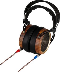 Otevřená hifi sluchátka Sendy Audio Peacock Zebra, zebrové a černé dřevo, černé náušníky, černý hlavový most, červený a modrý kabel