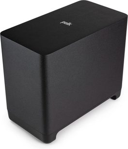 Ορθογώνιο μαύρο ματ υπογούφερ Polk Audio SUB React με λευκό λογότυπο στην κορυφή