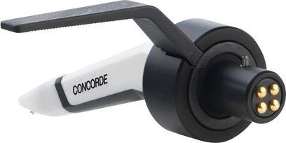 Μαύρη και άσπρη κεφαλή DJ Ortofon Concorde MKII SCRATCH, αριστερή πλευρική όψη, χρυσαφί βύσμα 4 ακίδων