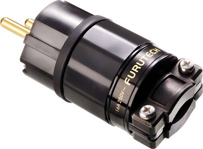 Adaptor de alimentare Furutech FI-11-N1 (G) din plastic negru, pini aurii, colier cu două șuruburi, vedere 3/4