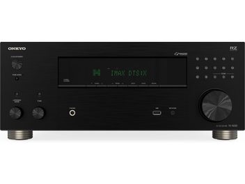 Ενισχυτής home-cinema Onkyo TX-RZ30 μαύρος, όψη από μπροστά, κεντρική οθόνη, κυκλικά κουμπιά, ορατές υποδοχές ακουστικών και USB
