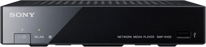 Sony SMP-N100 sort netværksaudioafspiller, set forfra, med knapper og indikatorer på frontpanelet, USB-port og WLAN-logo