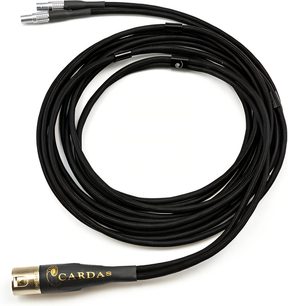 Kabel do słuchawek Hi-Fi Cardas Clear Reflection mini XLR do XLR 4-pinowy, czarny w oplocie, widok z góry, z dwoma srebrnymi metalowymi mini XLR oraz złotym XLR 4-pinowym