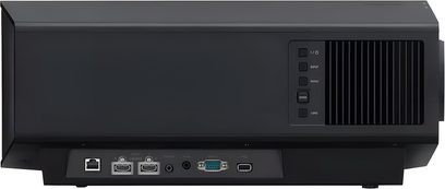 Sony BRAVIA Projector 7 — VPL-XW5100ES sort, kabinet i mat sort plast, bagside med lodrette ventilationsgitre, fire firkantede knapper og nederste række med RJ-45-, HDMI-, audio-, RS-232- og USB-porte