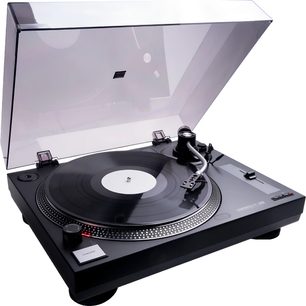 Hi-fi pladespiller Reloop RT-1 BT med gennemsigtigt åbent låg, sort pladetallerken, sølvfarvet tonearm og sort vinylplade
