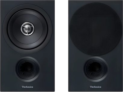 Пара чорних поличних колонок Technics SB-C600E-K, з круглою передньою решіткою та без неї