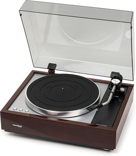 Giradischi hi-fi Thorens TD 1600 con TP160 noce, vista dall'alto, coperchio trasparente sollevato, piatto circolare nero, braccio di lettura argentato, base in legno