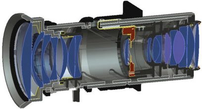 JVC DLA-HD750 videoprojektor, eksploderet visning der viser de indre komponenter, herunder optikken med flere blå linser
