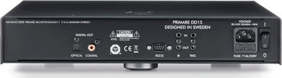 Lecteur CD Primare DD15 argent, vue de face, façade noire avec boutons et prises, affichage digital au centre