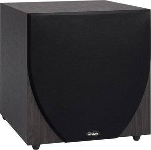 Velodyne EQ-MAX 15 sort subwoofer, set forfra, kubisk form, mørk træfinish, sort gitter på forsiden