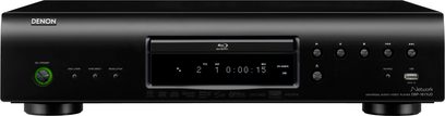 Denon DBP-1611UD sort 4K Blu-ray-afspiller, set forfra, blå LED-display, knapper og porte på forsiden, USB-port