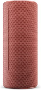 Altoparlante Bluetooth portatile Loewe We. HEAR 2 rosso corallo, vista frontale, formato cilindrico con griglia testurizzata