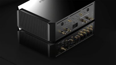 EverSolo AMP-F10 + DMP-A10 Hi-Fi-Verstärker, Rückansicht, vergoldete Audioanschlüsse, schwarze Oberfläche