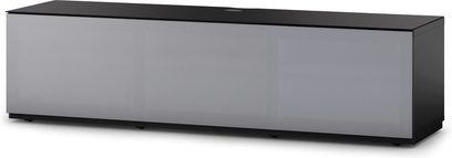 Mobilier TV rectangular negru mat, față gri închis lucios, fără mânere vizibile, bază neagră lucioasă