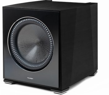 Caisson Paradigm XR 13 v černém dřevěném provedení, pohled zepředu, krychlový tvar, centrální kruhový reproduktor, černá mřížka