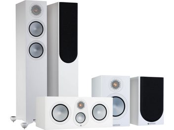 Pachet boxe de podea Monitor Audio Silver 200 7G Satin White, 2 boxe de podea, 2 boxe raft, 1 boxă centrală, 1 subwoofer, alb