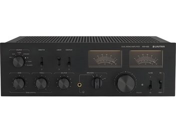 Ενσωματωμένο στερεοφωνικό hi-fi ενισχυτή Unitra WSH-805 μαύρο, μεταλλικό μπροστινό πάνελ με βούρτσα, μπροστινή όψη, δύο μετρητές VU, κουμπιά, υποδοχή ακουστικών