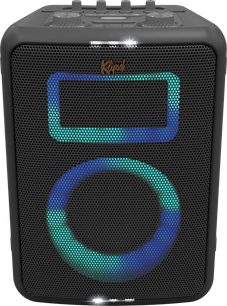 Přenosný Bluetooth reproduktor Klipsch Vegas, pohled zepředu, černá perforovaná mřížka, modré a zelené světelné kroužky, ovládací prvky nahoře