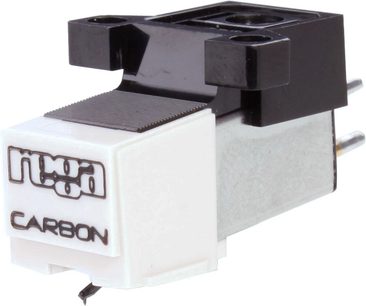 Rega Carbon vinylpladespiller, set forfra og fra siden, hvid krop med påskrifter, sort arm og nål