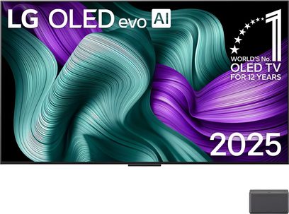 Frontvisning af LG OLED77M5 sort tv med ultratynd metalramme, kant-til-kant OLED-panel, leveres med en ekstern, rektangulær boks i mørkegrå plast