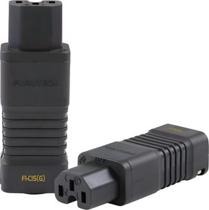 Napájecí adaptér Furutech FI-C15 (G), černý plast, rýhované tělo, ženský konektor IEC C15, pohled ze tří čtvrtin