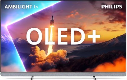 Телевизор Philips 77OLED910 в черен цвят с ултратънка метална рамка, предна звукова лента от светлосива тъкан и две метални крака, изглед отпред