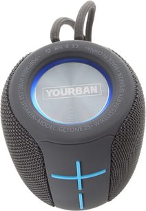 Yourban Getone 25 harmaa bluetooth-kaiutin, edestä katsottuna, ovaalin muotoinen, teksturoitu pinta, siniset ristikkäiset painikkeet, kangaslenkki