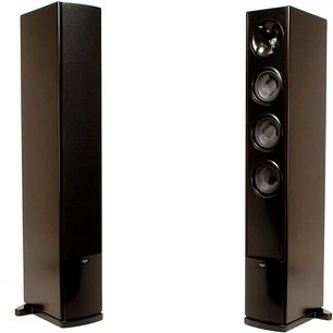 To sorte, høje Klipsch Icon WF-34 gulvhøjttalere med synlige højttalerenheder, set forfra på hvid baggrund