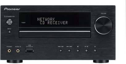Pioneer X-HM70 sort mini-stereoanlæg, front, display viser "NETWORK CD RECEIVER", knapper, lydstik, volumeknap