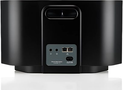 Sonos PLAY:5 sort trådløs højttaler, nærbillede forfra med lydstik og kontrolknapper på bagpanelet