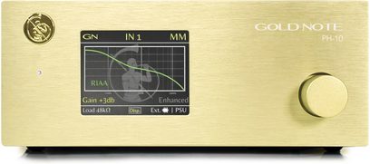 Zlatý predzosilňovač Gold Note PH-10 s grafickým displejom, otočným ovládačom a konektormi na prednom paneli v zlatom puzdre