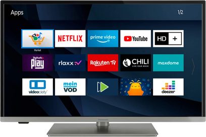 Panasonic TX-32JS360E fladskærms-TV, der viser videostreaming-apps på en sort skærm set forfra