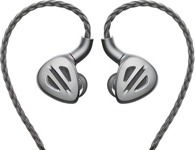 FiiO FH9 in-ear høretelefoner i grå titanium, trekantede titaniumhuse med tre gitteråbninger, silikonepropper og grå snoet kabel, set forfra