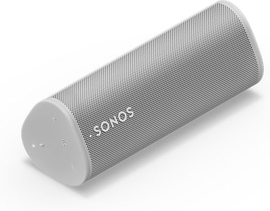 Sonos Roam Lunar White Bluetooth speaker, cylindrical, with perforated gray grille, buttons on top, side view