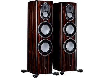 Високоговорители колонки Monitor Audio Platinum 300 3G в ебеново черно, преден изглед, две колонки една до друга, тъмно дърво