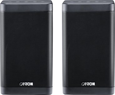 Par Canton Smart Soundbox 3 S2 højttalere i sort, med finmasket frontgitter, hvidt logo nederst, set forfra