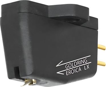 Goldring Eroica LX sort phono-pickup, set fra siden, med forgyldte nåle på et mat sort plastikboks