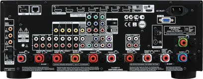 Onkyo TX-NR717 sort hjemmebiograf-forstærker, bagside, audio/video-tilslutninger, HDMI-porte, komponenter, antenner, højttalerstik