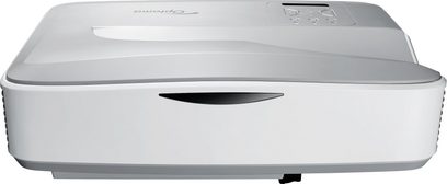 Optoma HZ45UST hvid videoprojektor, set ovenfra, afrundet rektangulær form, decentraliseret linse, ventilationsgitter