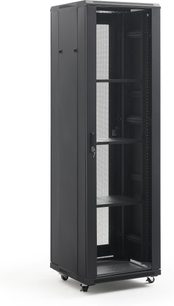 Baúl audiovisual Norstone Pro Rack 42U negro con puerta frontal perforada, paneles laterales completos, estantes internos y ruedas