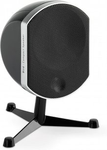 Kompaktní reproduktor Focal Bird černý, pohled zepředu, černá mřížka, černý X stojan, zaoblený válcový tvar